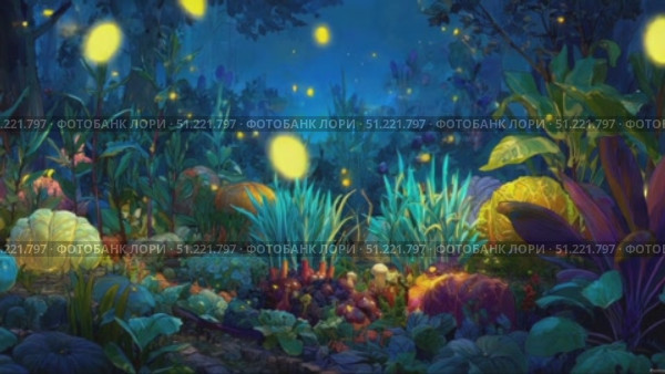 Luminous spheres casting soft light over nocturnal vegetable garden, yellow butterfly hovering near vibrant cabbages, pumpkins under twilight sky's gentle embrace. Стоковое AI-видео, аниматор Юрий Поздников / Фотобанк Лори