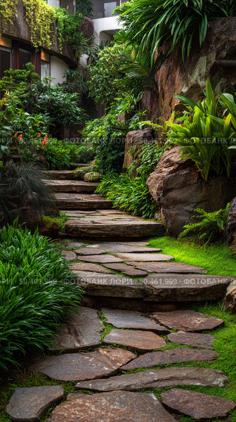 Lush garden pathway with stone steps amidst greenery and tropical plants. Стоковое AI-изображение, AI-художник Olga Didraga / Фотобанк Лори