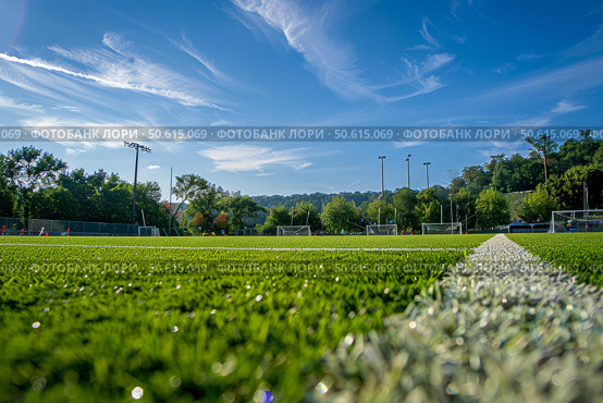 Lush green artificial turf soccer field on sunny day. Стоковое AI-изображение, AI-художник Иван Рябоконь / Фотобанк Лори