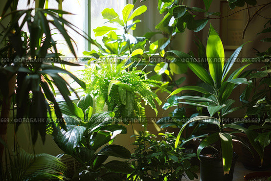 Lush green plants growing indoors by window with sunlight streaming through. Стоковое AI-изображение, AI-художник Иван Рябоконь / Фотобанк Лори