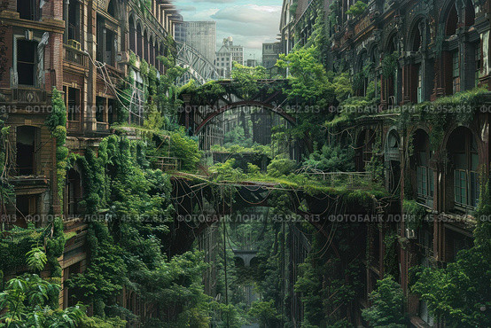 Lush vegetation reclaiming abandoned city in post apocalyptic setting. Стоковое AI-изображение, AI-художник Иван Рябоконь / Фотобанк Лори