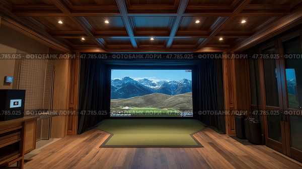 Luxury Home Golf Simulator Room with Wooden Accents, Moody High-Tech Ambiance. Роскошный домашний зал для симулятора гольфа с деревянными акцентами и атмосферой высоких технологий. Стоковое AI-изображение, AI-художник Katsiaryna Repich / Фотобанк Лори