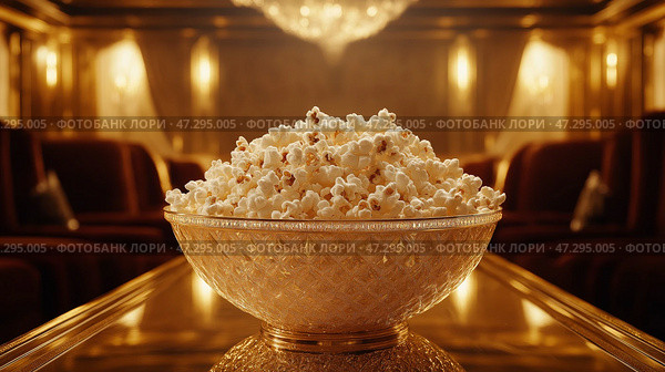 Luxury home theater with a large bowl of popcorn ready for movie night. Роскошный домашний кинотеатр с мягкими креслами и впечатляющим золотым декором. В центре стоит большая чаша с попкорном, создавая настроение для уютного киносеанса. Стоковое AI-изображение, AI-художник Katsiaryna Repich / Фотобанк Лори