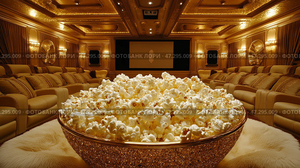 Luxury home theater with a large bowl of popcorn ready for movie night. Роскошный домашний кинотеатр с мягкими креслами и впечатляющим золотым декором. В центре стоит большая чаша с попкорном, создавая настроение для уютного киносеанса. Стоковое AI-изображение, AI-художник Katsiaryna Repich / Фотобанк Лори