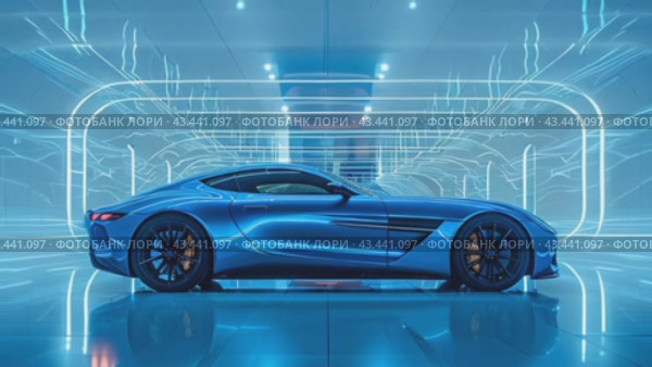 Luxury modern blue car parked at local dealership salon, on the mirror surface of an abstract geometric structure in a high-tech style. Automobiles for sale, rent, car showroom, copy space, ad. Стоковое AI-видео, аниматор Ирина Михайличенко / Фотобанк Лори