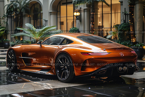 Luxury orange sports car standing on a shiny wet surface in an elegant courtyard with arches and green plants. The car has a sleek and aerodynamic design with powerful taillights and large black wheels. The background includes elements of architecture and nature, creating an atmosphere of exclusivity and style. Стоковое AI-изображение, AI-художник Анна Кривицкая / Фотобанк Лори