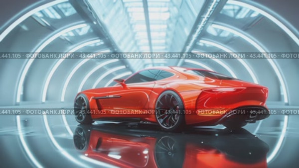 Luxury red modern car parked at local dealership salon, on the mirror surface of an abstract geometric structure in a high-tech style. Automobiles for sale, rent, car showroom, copy space, ad. Стоковое AI-видео, аниматор Ирина Михайличенко / Фотобанк Лори