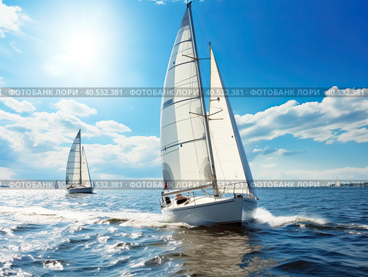 Luxury yachts on a sailing regatta. The bright sun is at its zenith. Sailing in the wind through the waves at sea. Bottom view from. Created by Ai. Стоковое AI-изображение, AI-художник Ярославский Максим / Фотобанк Лори