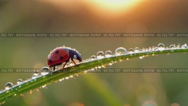 Macro photography of ladybug crawling on grass. Стоковое AI-видео, аниматор Виктория Кольцова / Фотобанк Лори