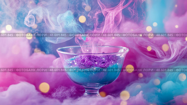Magical Dessert Concept: A glass bowl filled with colorful powder surrounded by swirling smoke and bokeh lights. Стоковое AI-изображение, AI-художник Данила Большаков / Фотобанк Лори