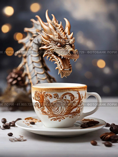 Magical New Year's Eve is full of miracles. A cup of hot strong coffee and a Dragon, a symbol of the New Year according to the eastern calendar. New Year's festive table. Стоковое AI-изображение, AI-художник Сергей Елизарьев / Фотобанк Лори