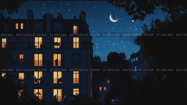Magical night in a city neighborhood with glowing windows and a crescent moon above. Стоковое AI-видео, аниматор Сергей Толмачёв / Фотобанк Лори