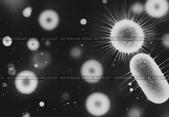 Magnified view of bacteria with flagella in a dark, scientific environment. Стоковое AI-изображение, AI-художник Юлия Гапеенко / Фотобанк Лори