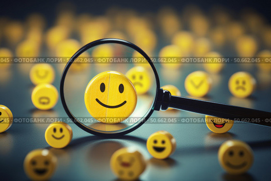 Magnifying glass focusing on positive feedback, customer satisfaction survey concept. Стоковое AI-изображение, AI-художник Иван Рябоконь / Фотобанк Лори