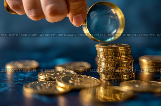 Magnifying Glass Inspecting Stack of Gold Coins on Wooden Table. Стоковое AI-изображение, AI-художник Юлия Гапеенко / Фотобанк Лори