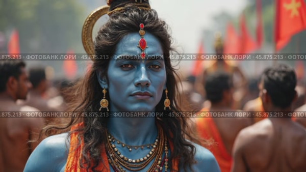 Maha Shivaratri Parade Showcasing Male Dressed as Hindu Deity Shiva With Vibrant Attire and Festive Atmosphere. Стоковое AI-видео, аниматор Sergey Grishin / Фотобанк Лори