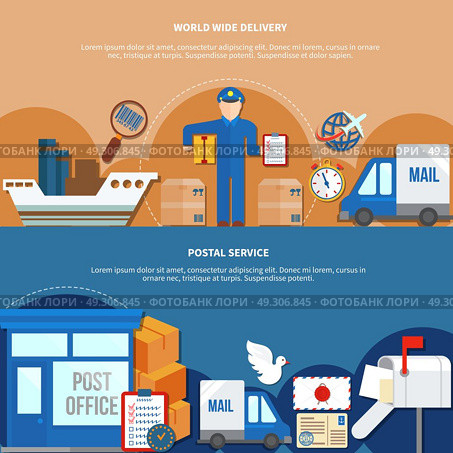 Mail Communication Horizontal Banners. Mail communication horizontal banners in flat style with worldwide delivery and postal services isolated vector illustration. Стоковая иллюстрация, агентство Ingram Publishing / Фотобанк Лори