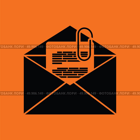 Mail with attachment icon. Orange background with black. Vector illustration. Стоковая иллюстрация, агентство Ingram Publishing / Фотобанк Лори