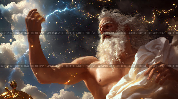 Majestic depiction of a powerful god wielding lightning amid a dramatic cloud-filled sky. Стоковое AI-изображение, AI-художник Сергей Толмачёв / Фотобанк Лори