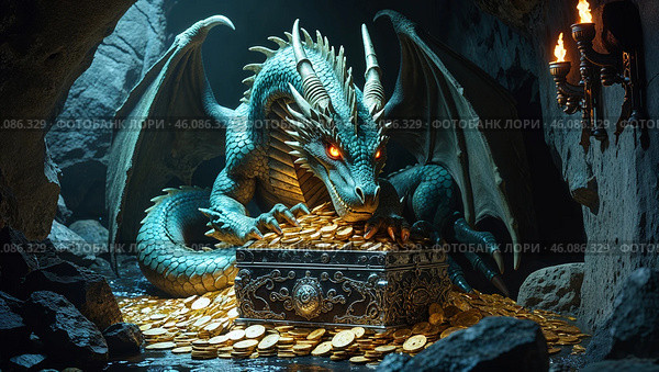 Majestic dragon guarding a treasure hoard in a dark cave illuminated by flickering torches. Стоковое AI-изображение, AI-художник Сергей Толмачёв / Фотобанк Лори
