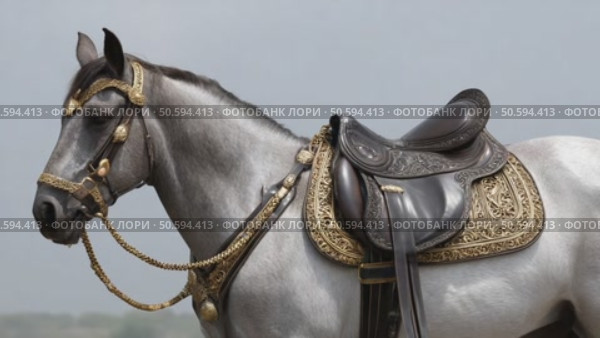 Majestic gray horse standing proudly in ornate saddle and bridle. Стоковое AI-видео, аниматор Юрий Поздников / Фотобанк Лори