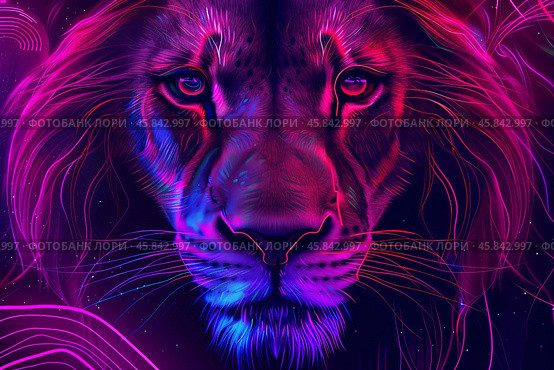 Majestic lion emerging from vibrant neon lights in digital artwork. Стоковое AI-изображение, AI-художник Иван Рябоконь / Фотобанк Лори