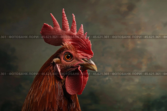 Majestic rooster posing with striking red comb and wattles. Стоковое AI-изображение, AI-художник Иван Рябоконь / Фотобанк Лори