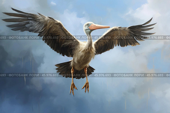 Majestic shoebill flying in cloudy sky with rain. Стоковое AI-изображение, AI-художник Иван Рябоконь / Фотобанк Лори