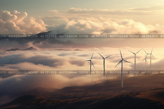 Majestic windmills above clouds at sunset. Стоковое AI-изображение, AI-художник Иван Рябоконь / Фотобанк Лори
