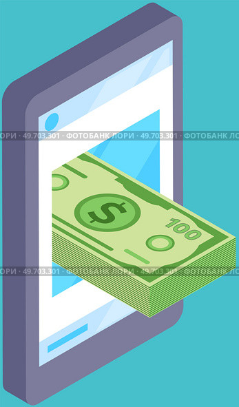 Make money online with smartphone and internet, getting paid from app. Pile of dollars bills on mobile phone screen. Excellent income and wages. Successful paying jobs or high salary career. Make money online with smartphone and internet, getting paid from application, online banking. Стоковая иллюстрация, агентство Ingram Publishing / Фотобанк Лори