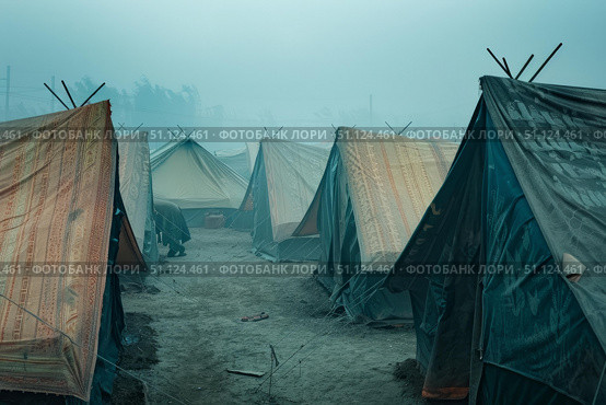 Makeshift tent camp housing displaced people in foggy conditions. Стоковое AI-изображение, AI-художник Иван Рябоконь / Фотобанк Лори