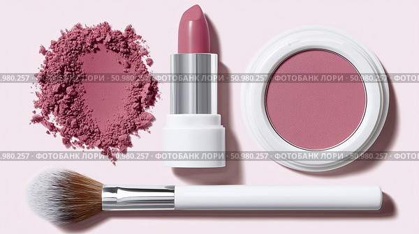 Makeup essentials featuring lipstick, blush, and brush on a soft background. Стоковое AI-изображение, AI-художник Katsiaryna Repich / Фотобанк Лори