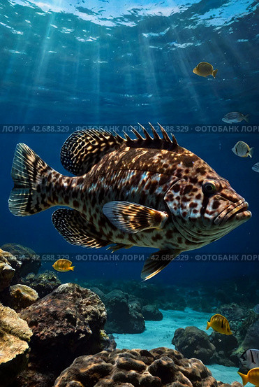Malabar grouper swimming in tropical underwaters. Grouper in underwater world. Observation of animal world. Scuba diving adventure in South Africa coast of RSA. Стоковое AI-изображение, AI-художник Aleksandr Golubev / Фотобанк Лори