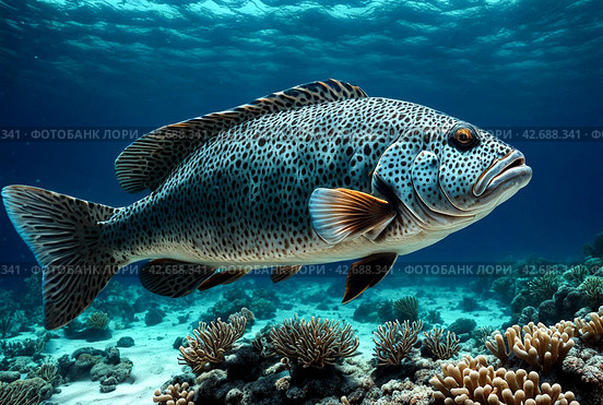 Malabar grouper swimming in tropical underwaters. Grouper in underwater world. Observation of animal world. Scuba diving adventure in South Africa coast of RSA. Стоковое AI-изображение, AI-художник Aleksandr Golubev / Фотобанк Лори