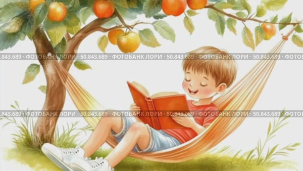 Мальчик читает книгу, качаясь в гамаке под яблоней, летние каникулы на даче. Стоковое AI-видео, аниматор Щеголева Ольга / Фотобанк Лори