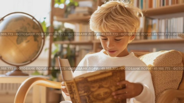 Мальчик в белом джемпере листает толстую книгу, сидя в уютном кресле. Уютная домашняя обстановка. Стоковое AI-видео, аниматор Щеголева Ольга / Фотобанк Лори