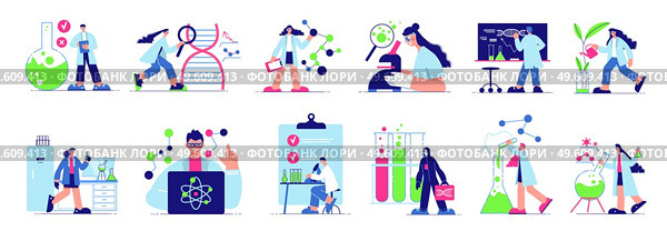 Male and female scientist characters working in science laboratory using microscope lab equipment and glassware isolated vector illustration. Scientist Working In Science Laboratory. Стоковая иллюстрация, агентство Ingram Publishing / Фотобанк Лори