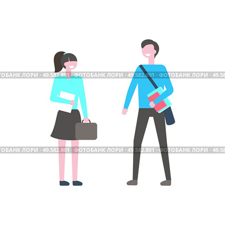 Male and female students vector isolated cartoon people with bags and books. College or school teenagers, faceless characters, university learners. Male and Female Students Vector Isolated People. Стоковая иллюстрация, агентство Ingram Publishing / Фотобанк Лори