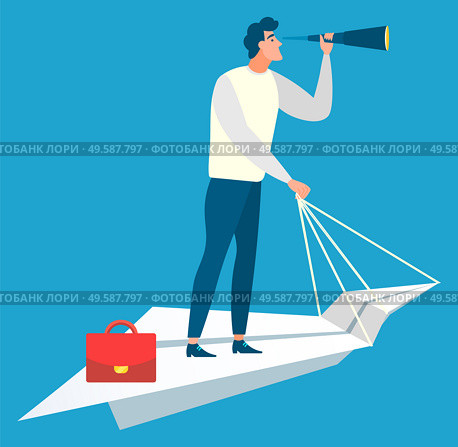 Male character standing on paper ship with lens, worker researching. Business ambitions, employee with magnifier, development technology, growth vector. Employee with Loupe, Business Success, Lens Vector. Стоковая иллюстрация, агентство Ingram Publishing / Фотобанк Лори