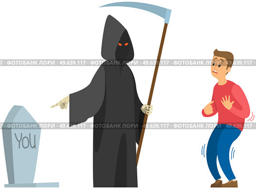 Male character suffering from fear of death near skeleton in hoodie with scythe isolated on white background. Death with scythe in black cloak scares man. Guy looking at tombstone is afraid to die. Male character suffers from fear. Death with scythe in black cloak scares man. Guy is afraid to die. Стоковая иллюстрация, агентство Ingram Publishing / Фотобанк Лори