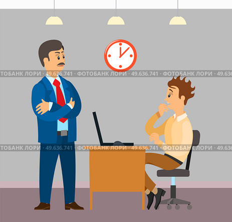 Male character works at computer in office to finish task. Boss urges employee to complete assignment defore deadline. Working in office and implementation of assign tasks. Angry businessman in office. Man works at computer in office to finish task in time. Boss urges employee to complete assignments. Стоковая иллюстрация, агентство Ingram Publishing / Фотобанк Лори
