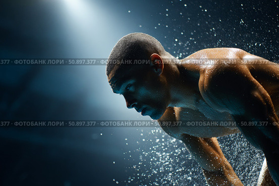 Male diver preparing for springboard dive, showcasing focus and determination in water splashes. Стоковое AI-изображение, AI-художник Гайфуллина Дина / Фотобанк Лори