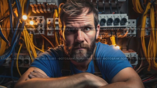 Male electrician working in switchboard with electrical connecting cable. Work in repair shops and maintenance services. Stress, nerves. Стоковое видео, видеограф ALLA YURTAYEVA / Фотобанк Лори