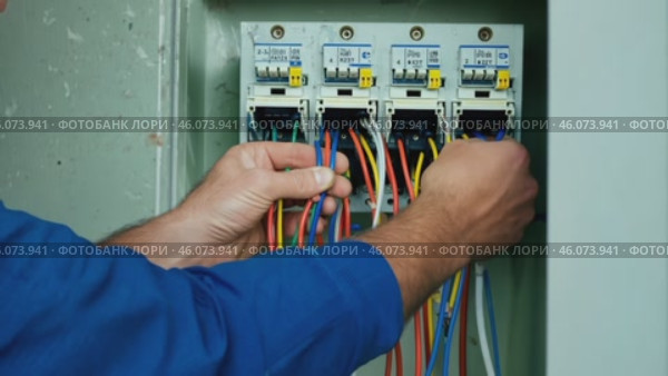 Male electrician working in switchboard with electrical connecting cable. Work in repair shops and maintenance services. Stress, nerves. Стоковое видео, видеограф ALLA YURTAYEVA / Фотобанк Лори