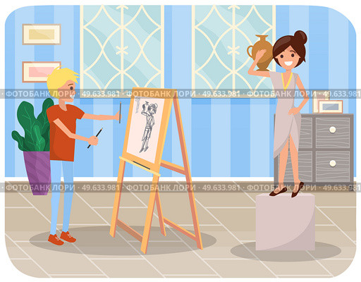 Male paimter smiles and draws with pencils. Woman with vase stands on dais, posing for artist. People do art and create picture. Guy stands near easel in creative art studio. Artist creates drawing. Man smiles and draws with pencils and easel. Woman with vase stands on dais and posing for artist. Стоковая иллюстрация, агентство Ingram Publishing / Фотобанк Лори