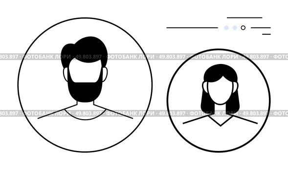 Male profile icon with a beard and female profile icon in simple black and white style. Ideal for social media, web design, user profiles, team introductions, presentations, apps, educational. Minimalist Profile Icons with Male and Female Avatars in Abstract Circles. Стоковая иллюстрация, агентство Ingram Publishing / Фотобанк Лори