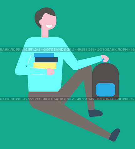 Male student sitting on floor with pile of books and backpack, vector isolated person. College learner having break, teenager in green sweater and trousers. Male Student Sitting on Floor with Pile of Books. Стоковая иллюстрация, агентство Ingram Publishing / Фотобанк Лори