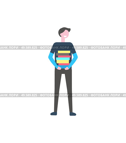 Male student standing with pile of books, vector isolated cartoon person. College learner, teenager in sweater and trousers with heap of textbooks in hands. Male Student Standing with Pile of Books, Vector. Стоковая иллюстрация, агентство Ingram Publishing / Фотобанк Лори