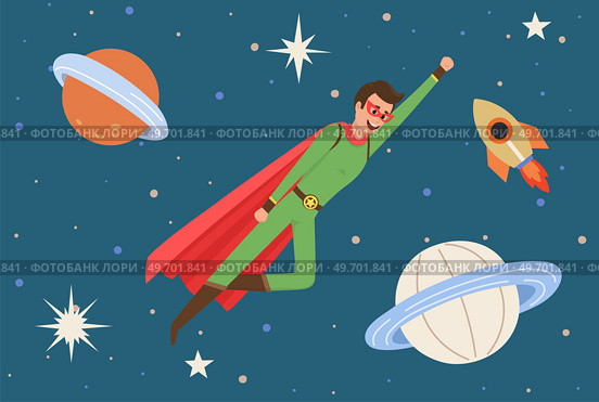 Male superhero at galaxy flying in outer space. Man in cosmic area near planet, stars and spaceship. Concept of facing with new and unknown. Flying person exploring space and discovering mysteries. Male superhero at galaxy flying in outer space. Man in cosmic space near planet and spaceship. Стоковая иллюстрация, агентство Ingram Publishing / Фотобанк Лори