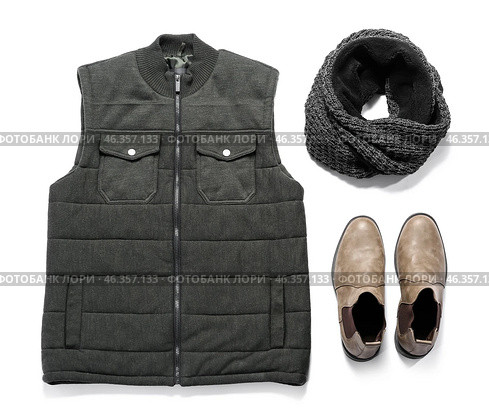 Male vest jacket, knitted scarf and shoes on white background. Стоковое фото, фотограф Pixel_shot / Фотобанк Лори
